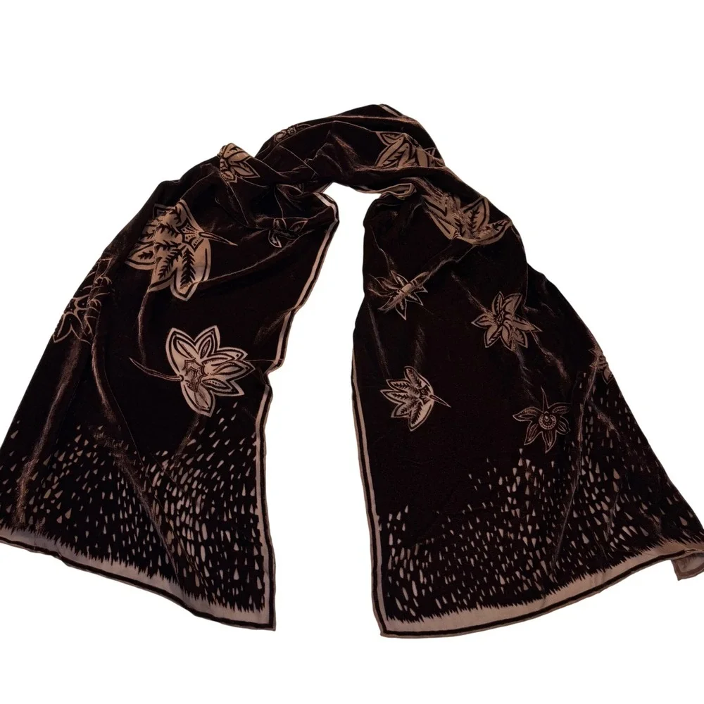 Georgina‎ von Etzdorf Brown Devore Velvet Silk Floral Scarf Made in England 66